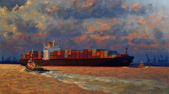 painting entitled Container Leviathan Out to Sea by Joseph Peller.