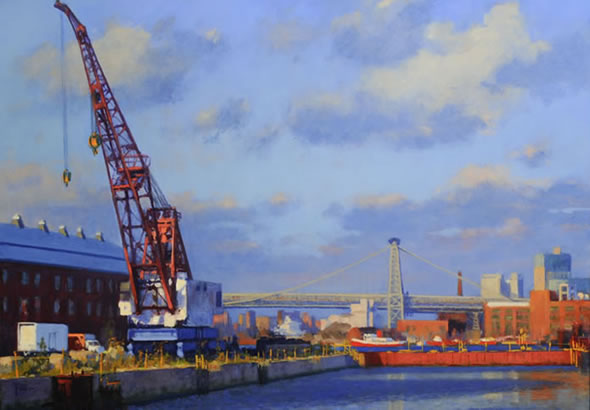 painting, Liner Leviathan, Queen Mary II Leaving New York, by Joseph Peller