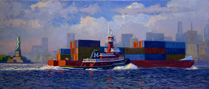 Liberty, Tug, Skyline, 2023, oil on linen, 18 x 42 in, 45.7 x 106.7 cm painting entitled Liberty, Tug, Skyline by Joseph Peller.