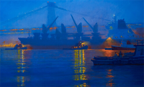 painting entitled Twilight Fog East River by Joseph Peller.