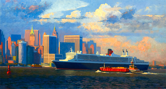 painting entitled Liner Leviathan, Queen Mary II Leaving New York by Joseph Peller.